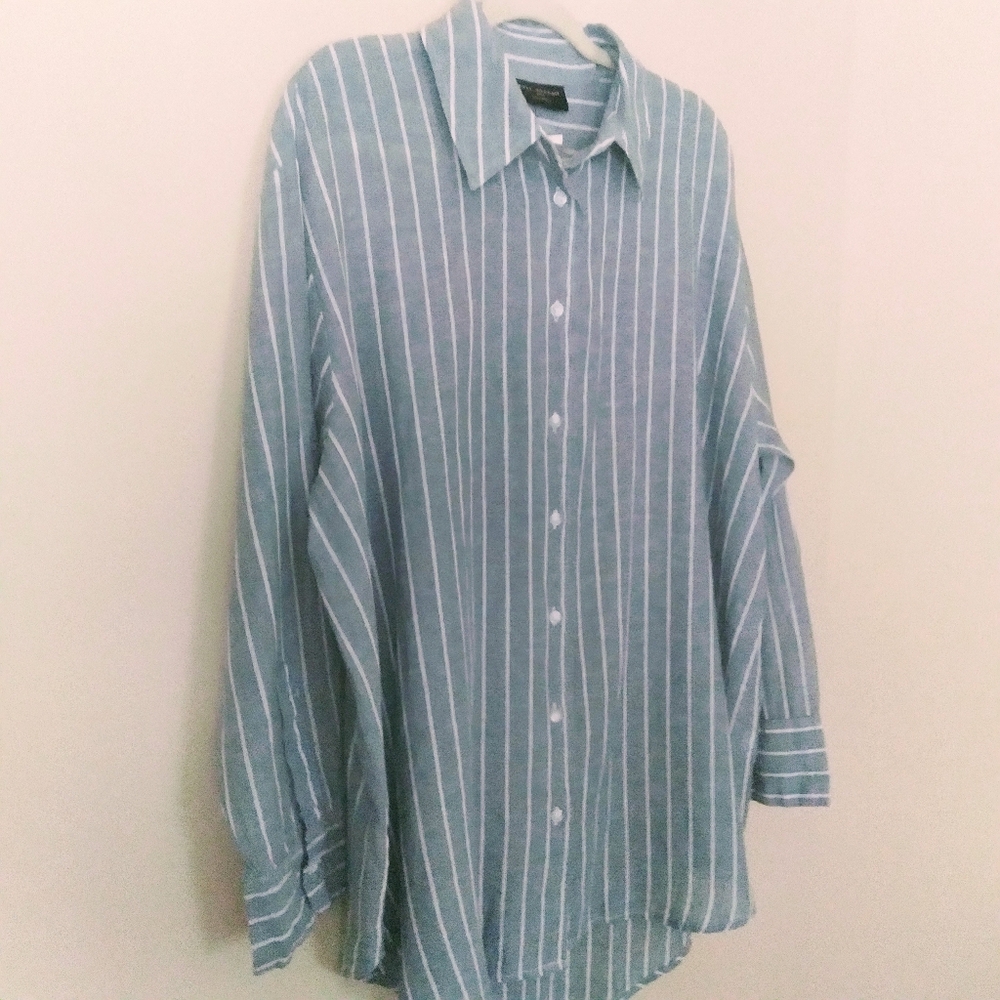 NWT Lane Bryant Tunic Linen Blend Green White Striped Button Up Long Line 14/16